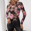 A new elegant rose floral print small stand-up collar mesh figure-hugging top for women from Europe and America cross-border in autumn and winter 2025 Specification image